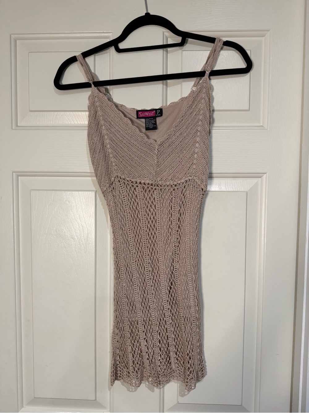 Say What? Beige Crochet Mini Dress with Spaghetti Straps